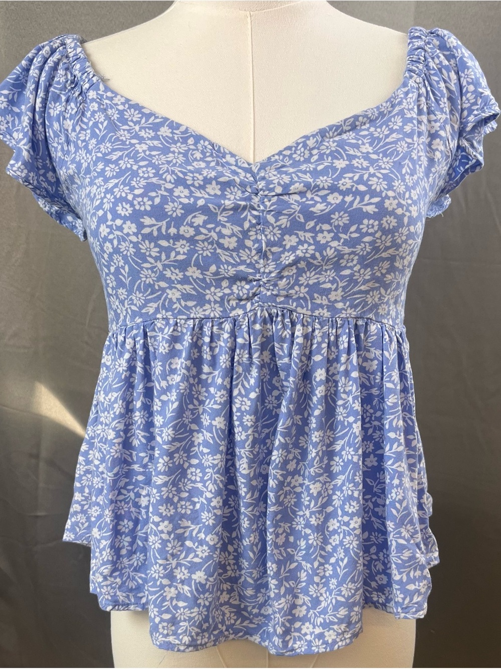 Y2K 90's Japra Blue Floral Babydoll Crop Top  Stretch Sz Small Smocked Flutter